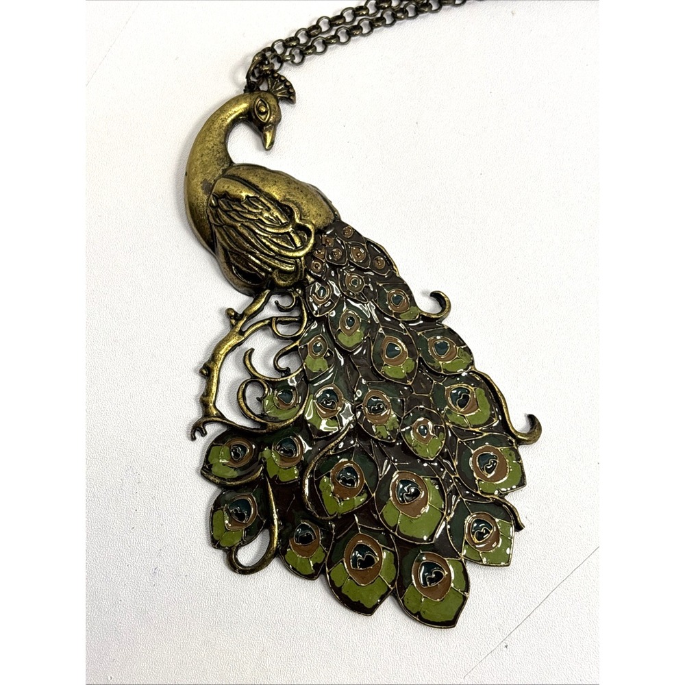 Vintage Brass Tone Enamel Peacock Necklace 18 Inch Adjustable Chain